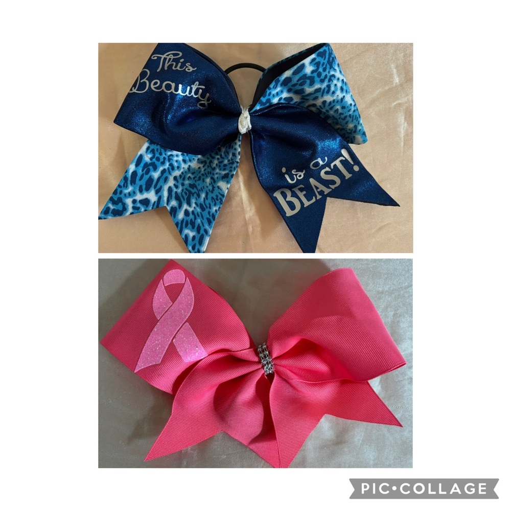 Lot of 2 Cheer Bows - "This Beauty is a Beast" and Breast Cancer Awareness